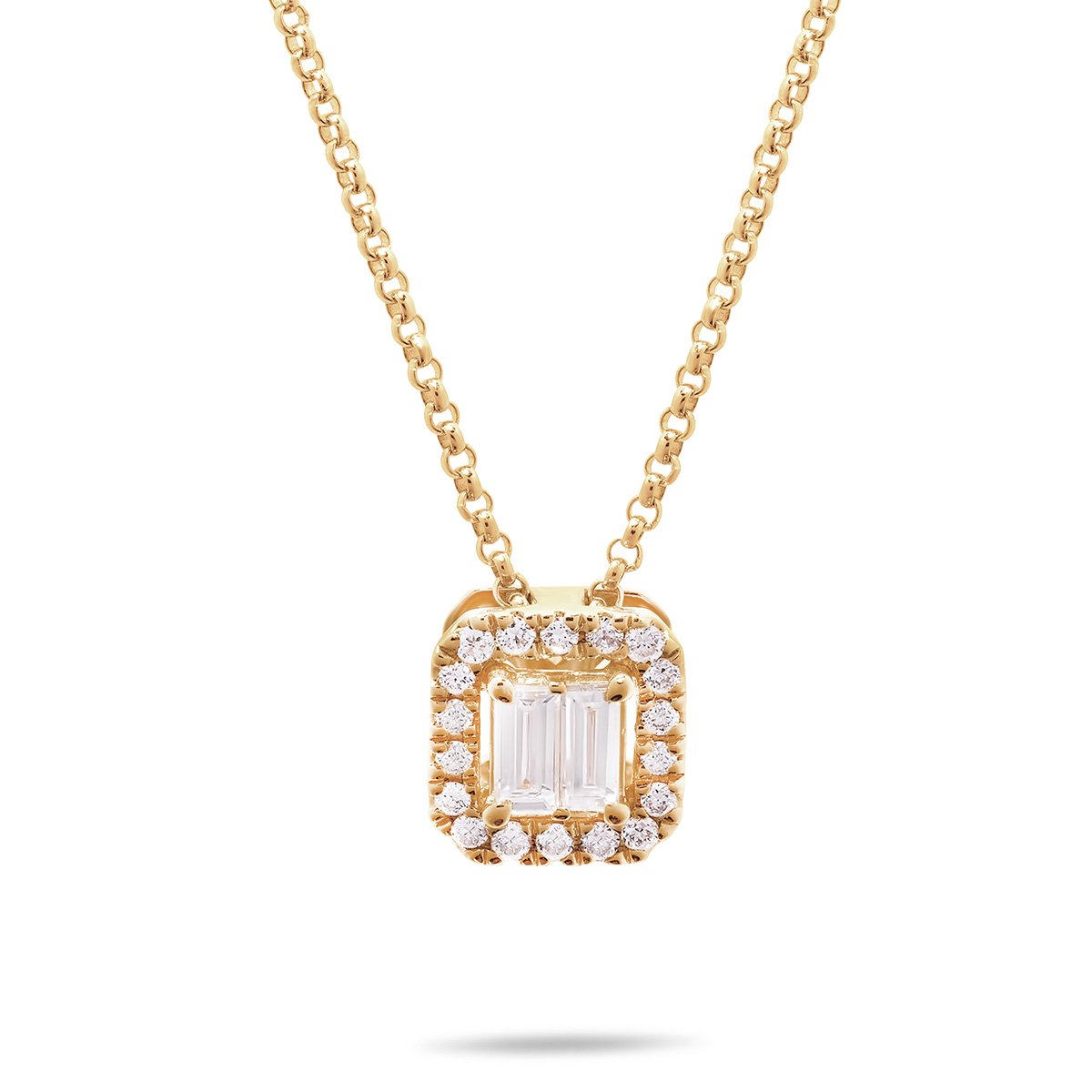 Gult gull diamantsmykke baguette og brillianter 0,20 ct med halskjede