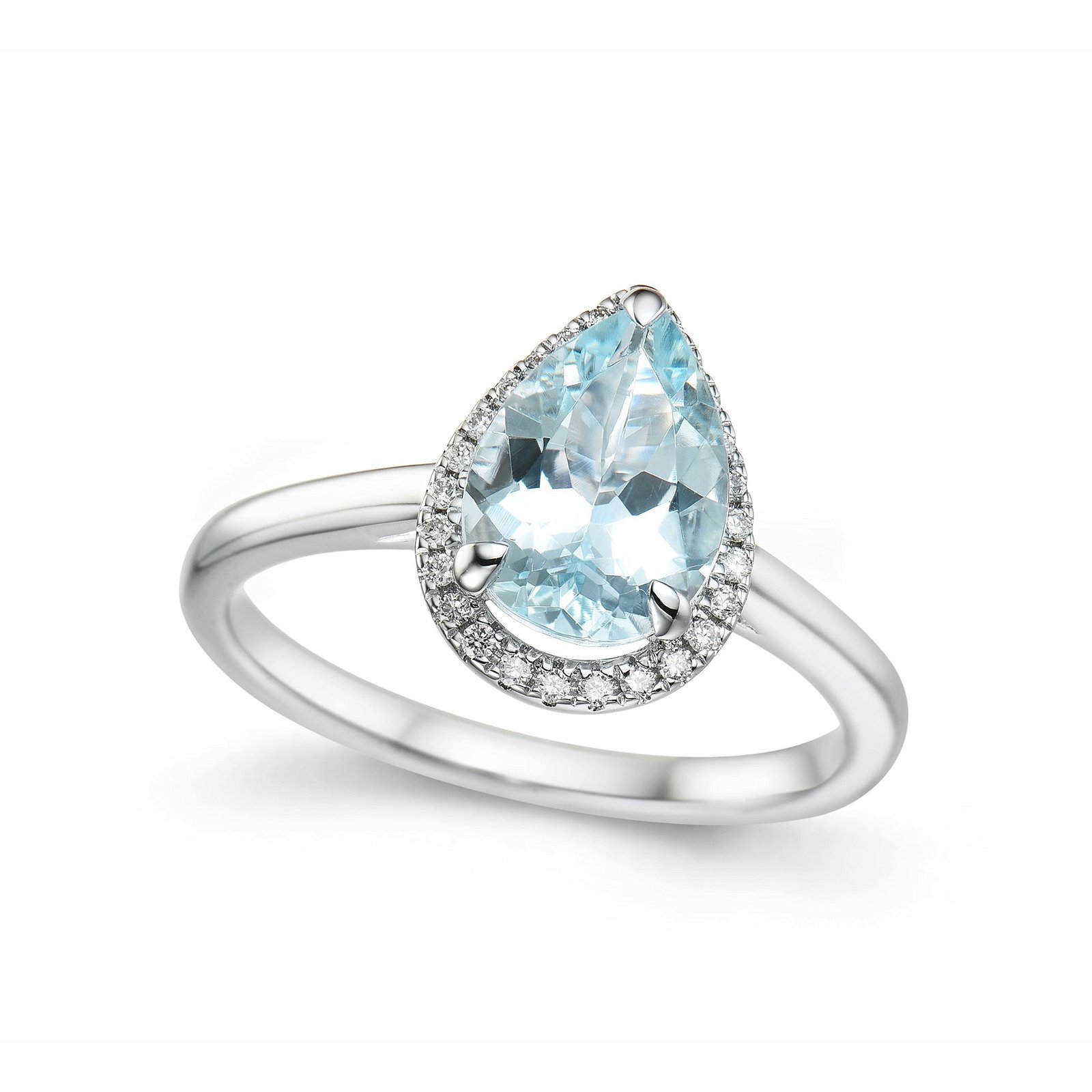Dråpeformet ring med diamanter og akvamarin-sten 0,10 ct